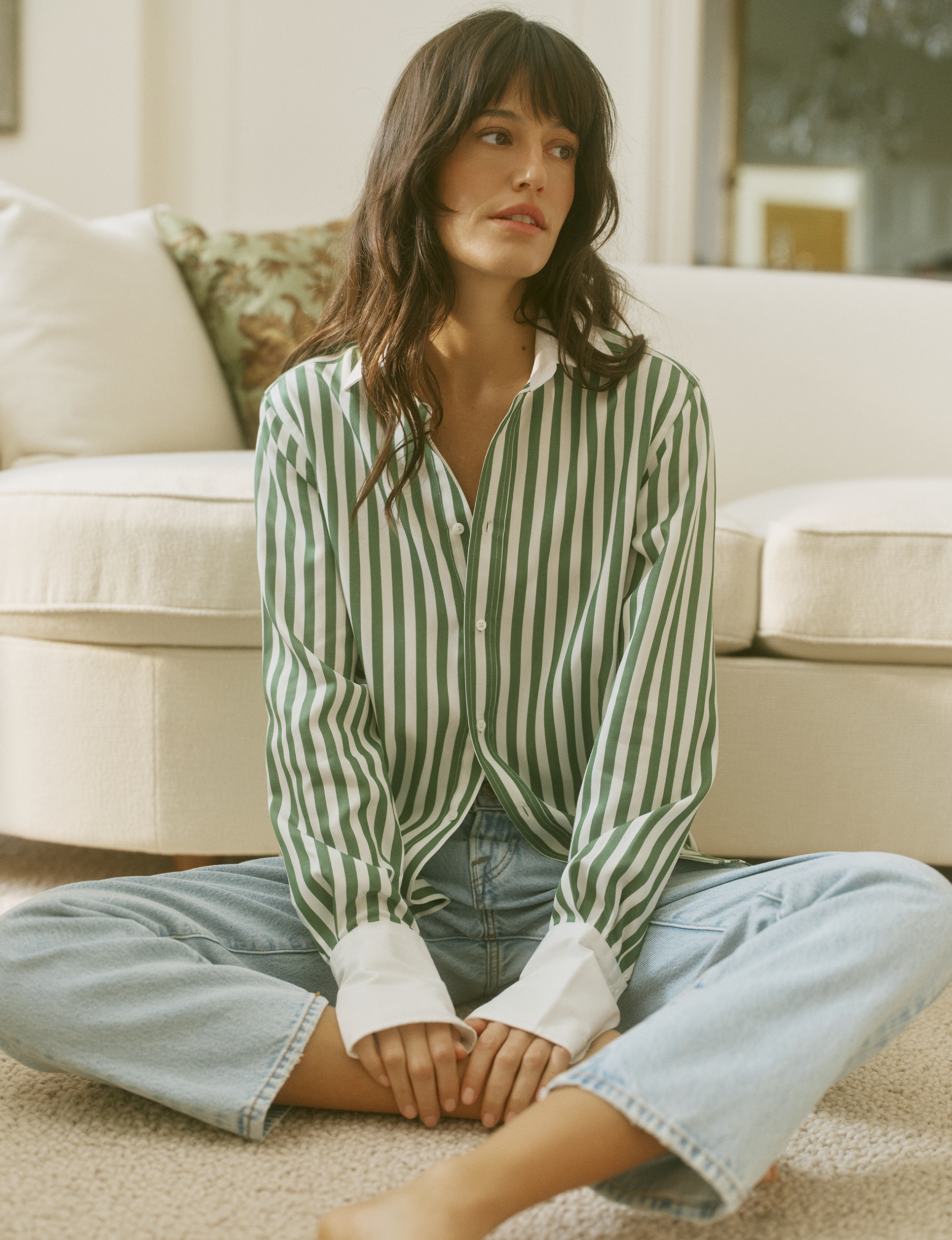 The Boyfriend Contrast Exaggerated Cuff: TENCEL™ Lyocell, Forest Green Stripe Main image