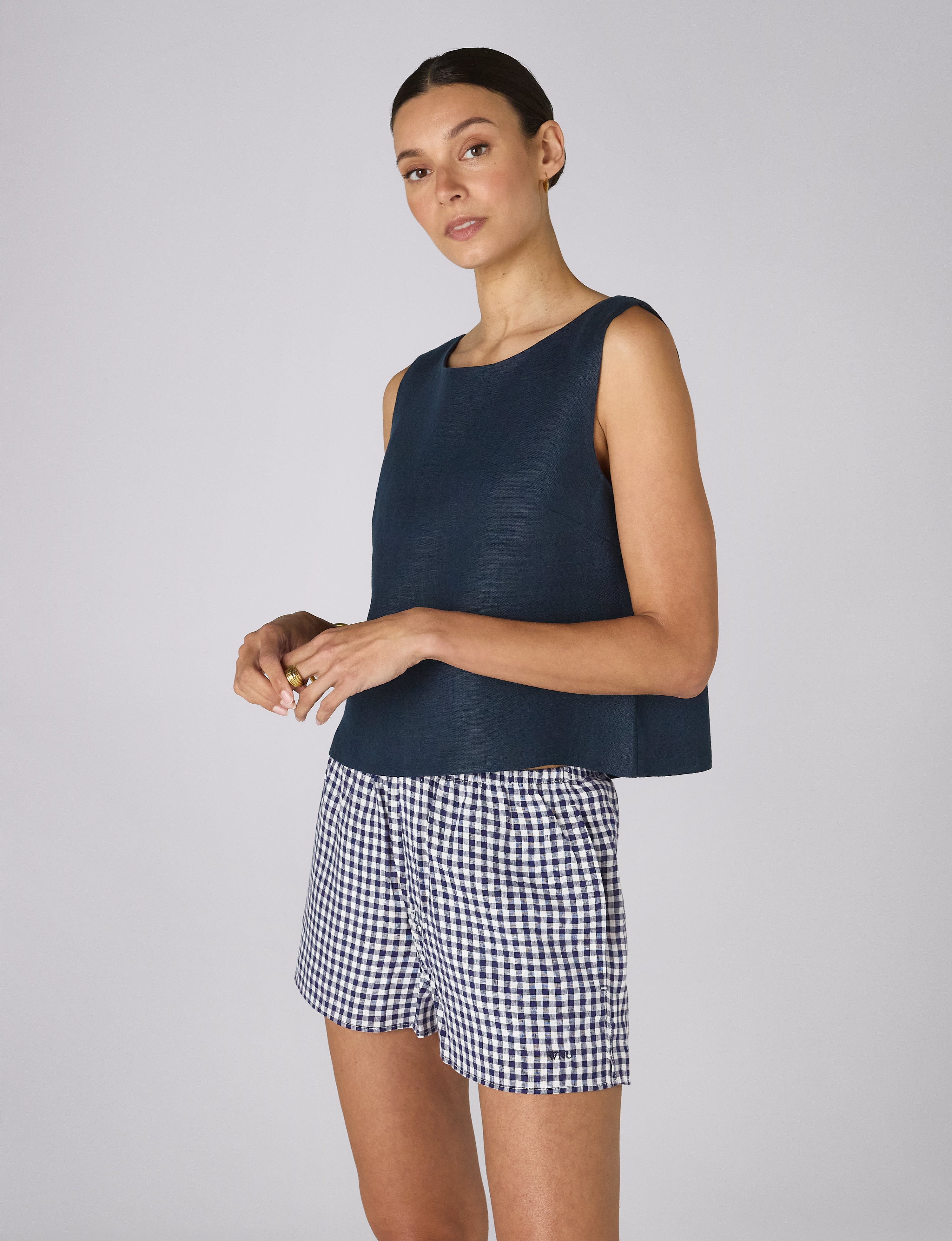 The Set: Linen Top & Court Short, Navy and Gingham Navy Blue Main image