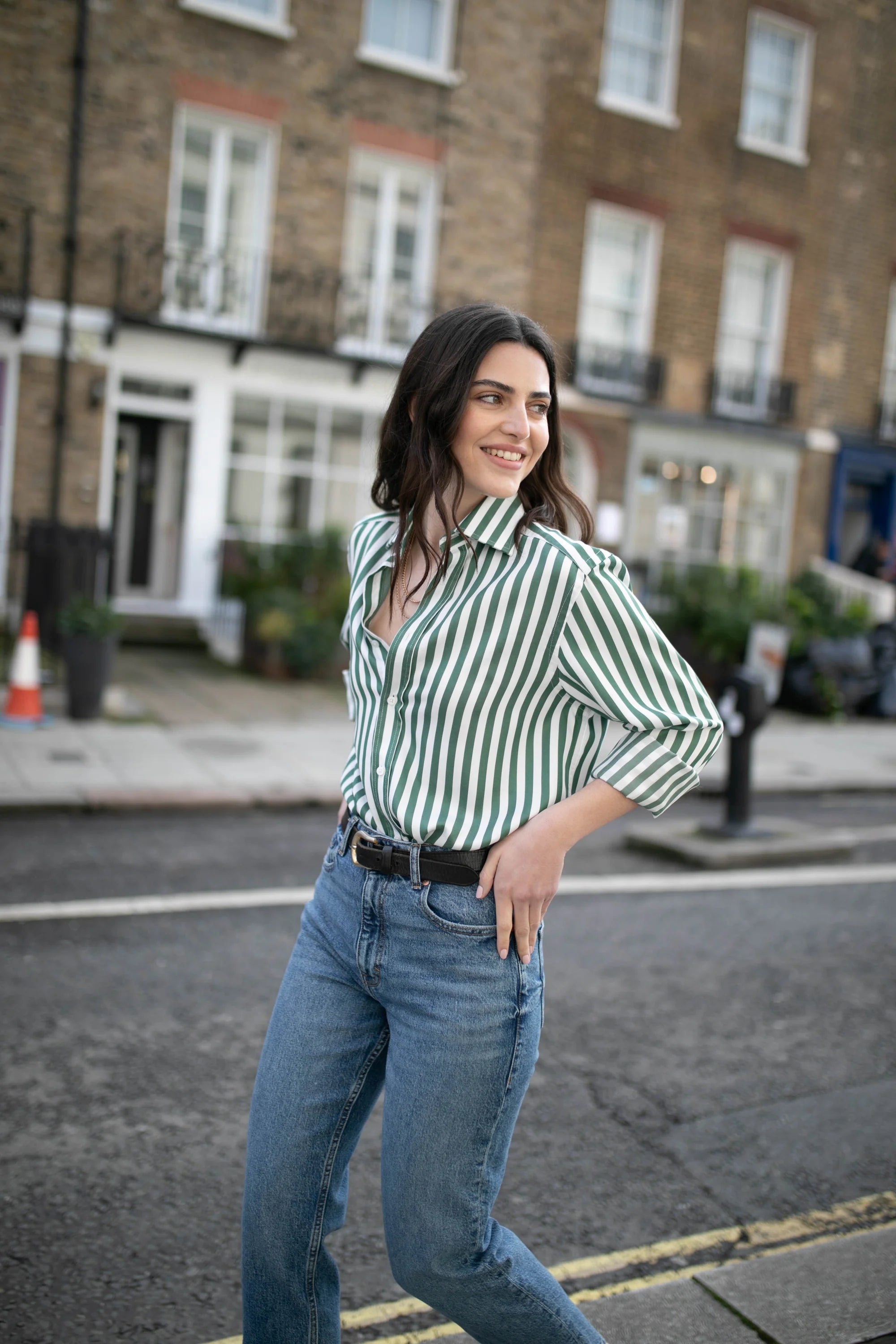 The Boyfriend: TENCEL™ Lyocell, Forest Green Stripe Main image