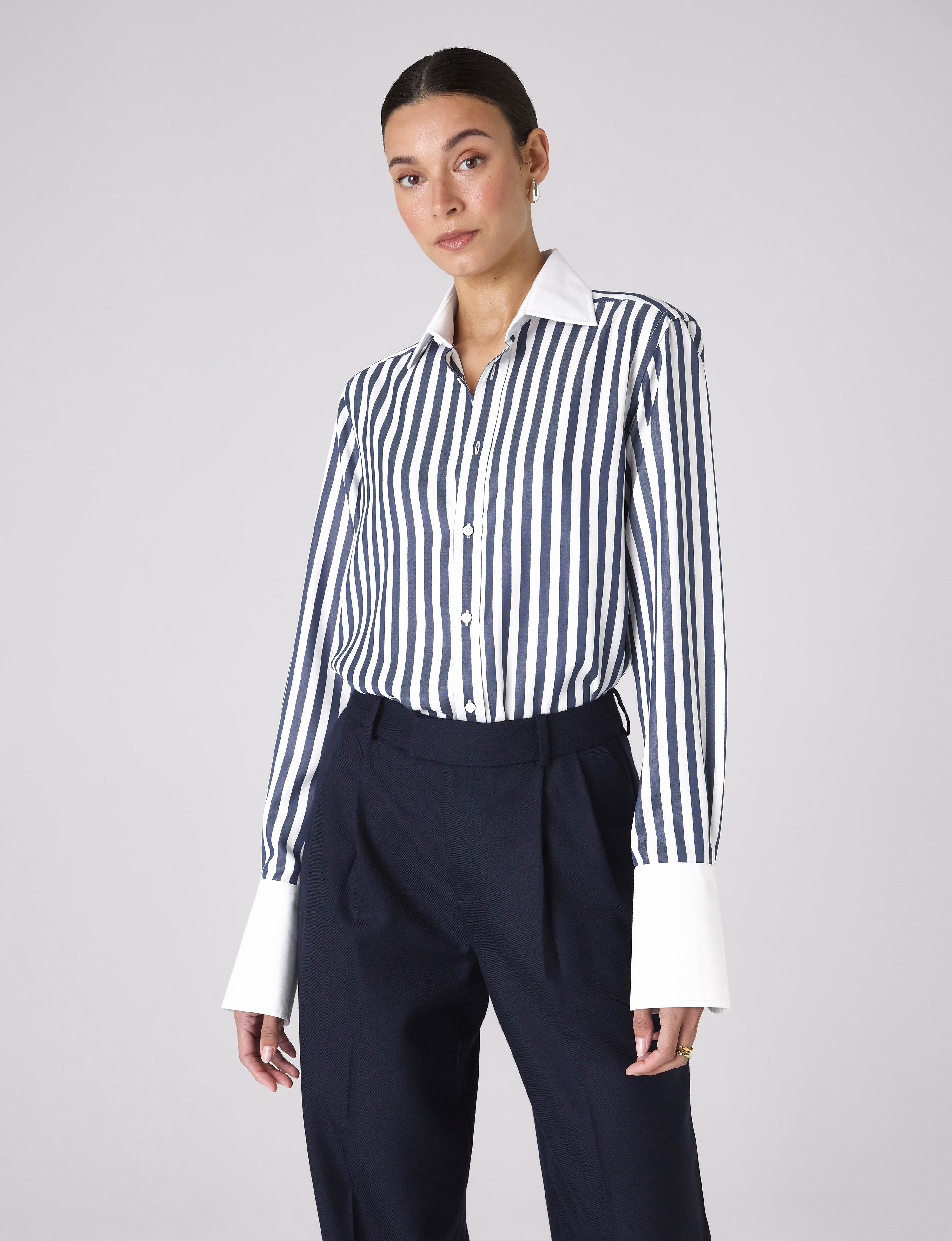 The Boyfriend Contrast Exaggerated Cuff: TENCEL™ Lyocell, Navy Blue Stripe Main image