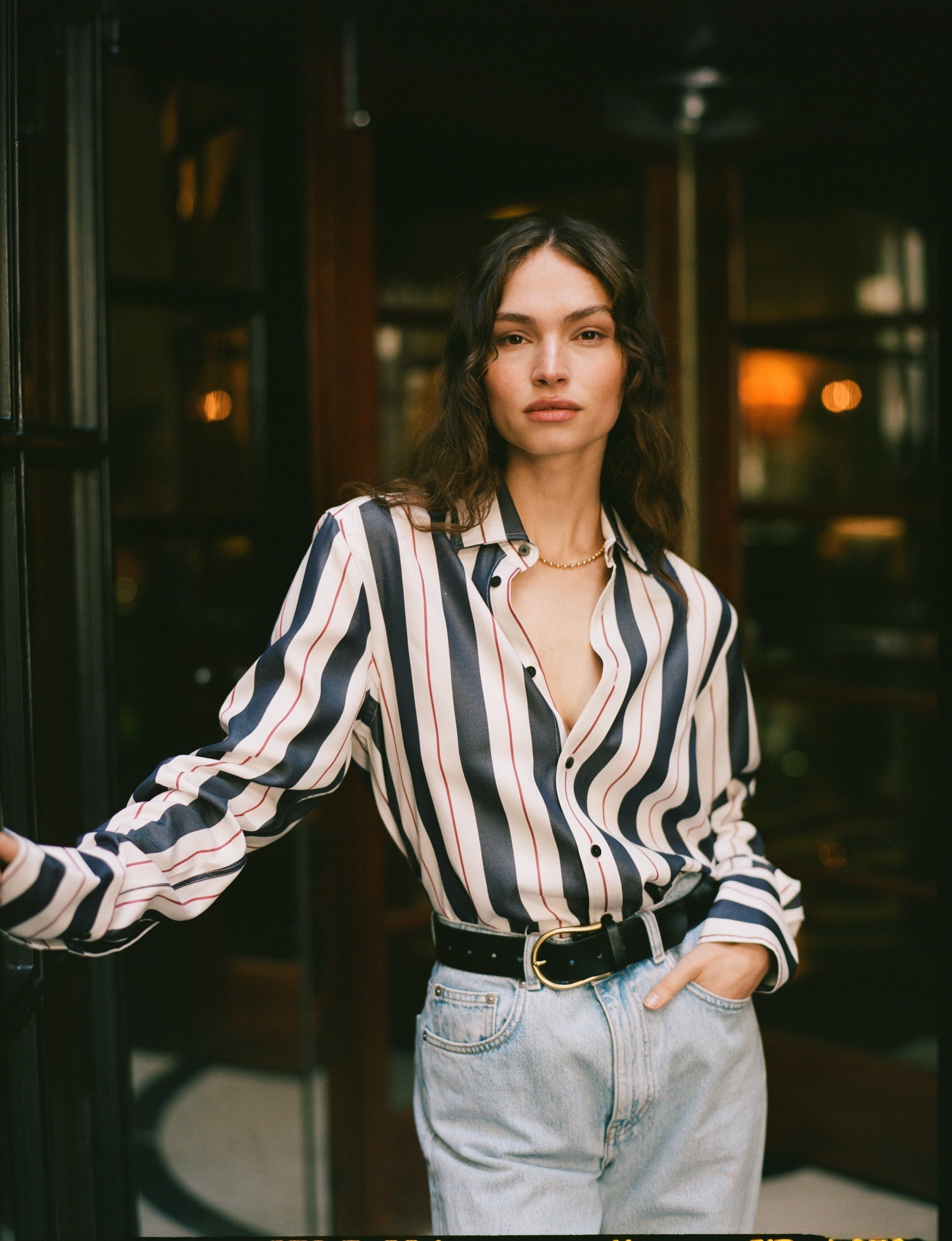 The Boyfriend Exaggerated Cuff: TENCEL™ Lyocell, Navy & Burgundy Wide Stripe Main image