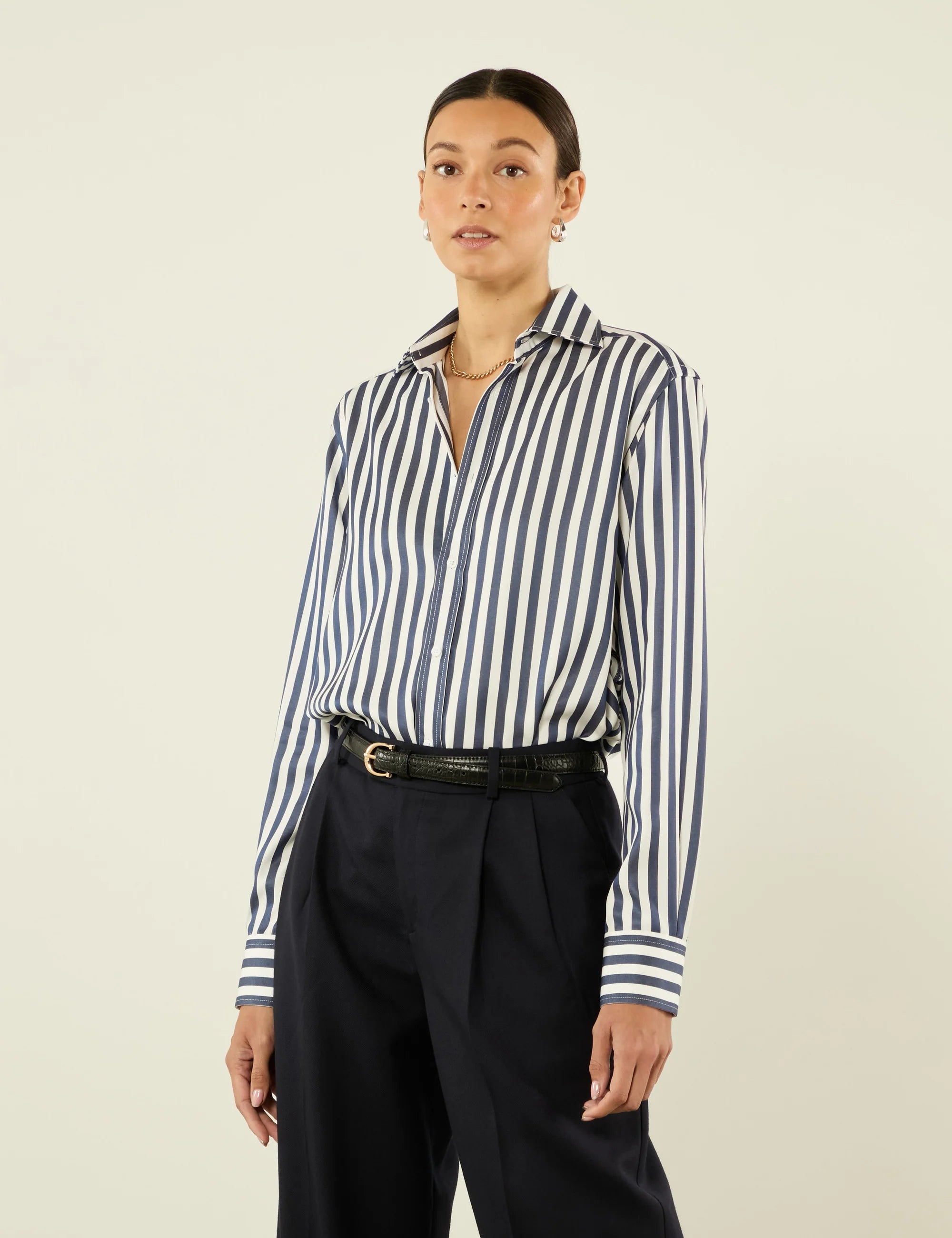The Boyfriend: TENCEL™ Lyocell, Navy Blue Stripe Main image