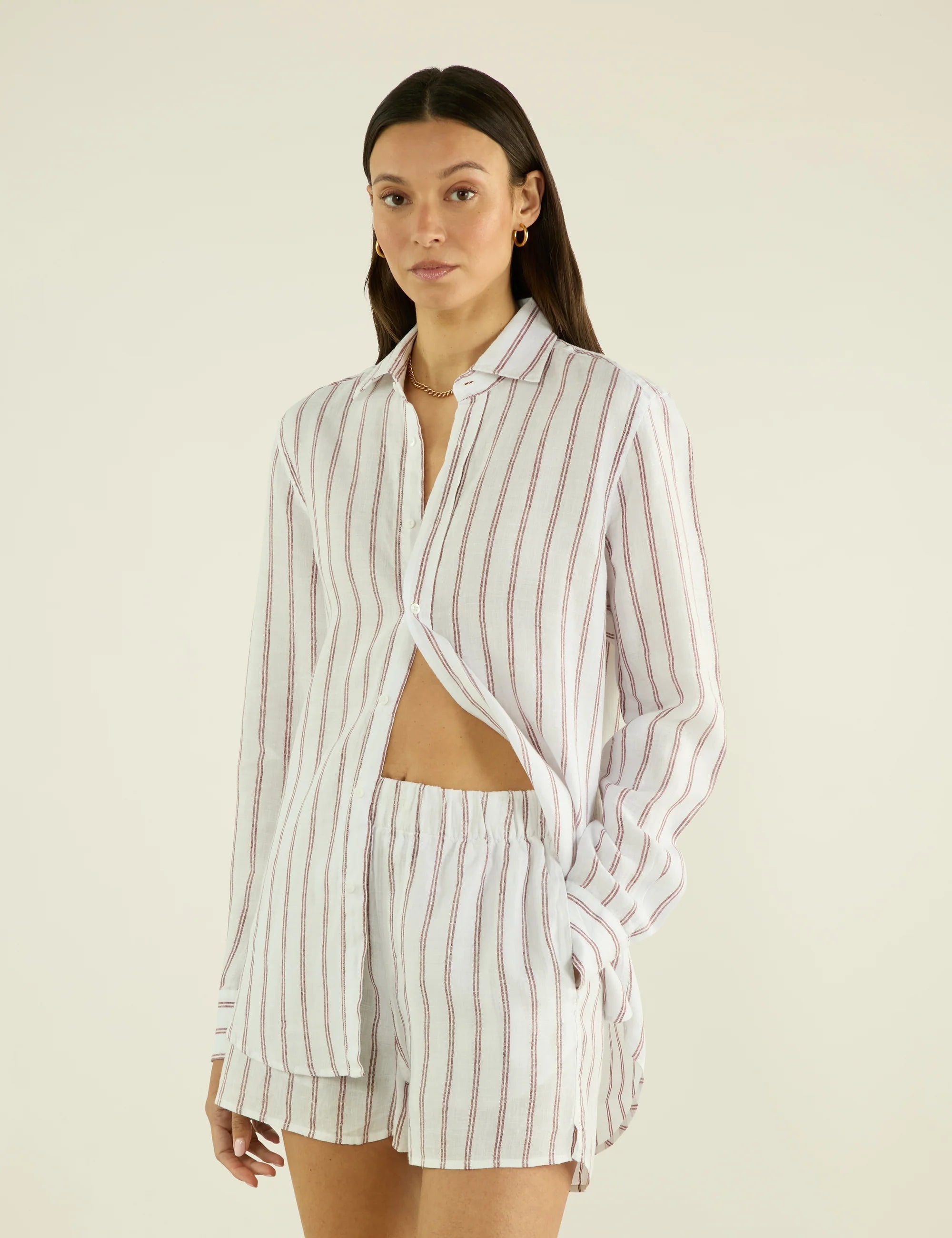 The Boxer: Linen, Burgundy Double Stripe Main image