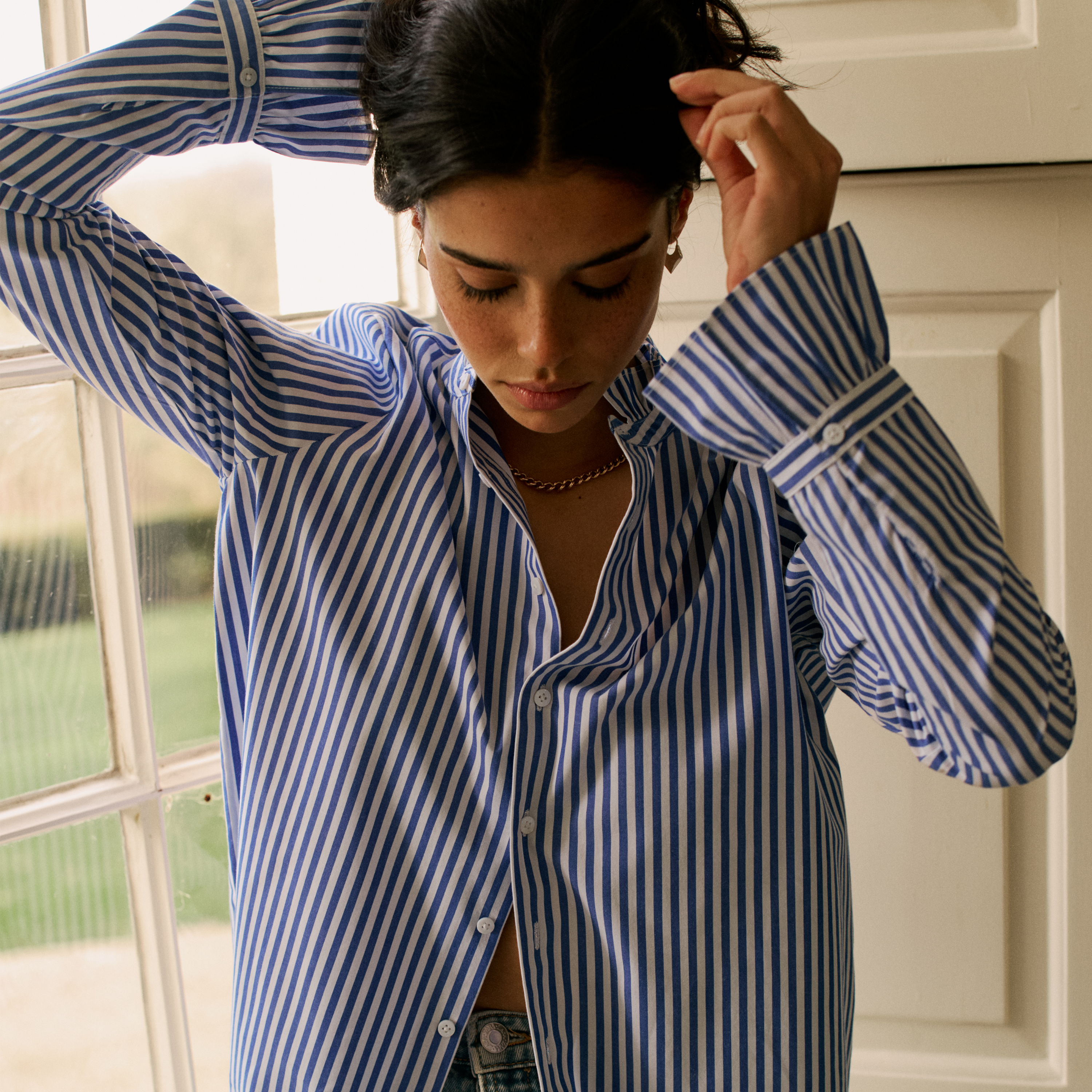 Kew Blouse: Fine Poplin, Royal Blue Stripe Main image