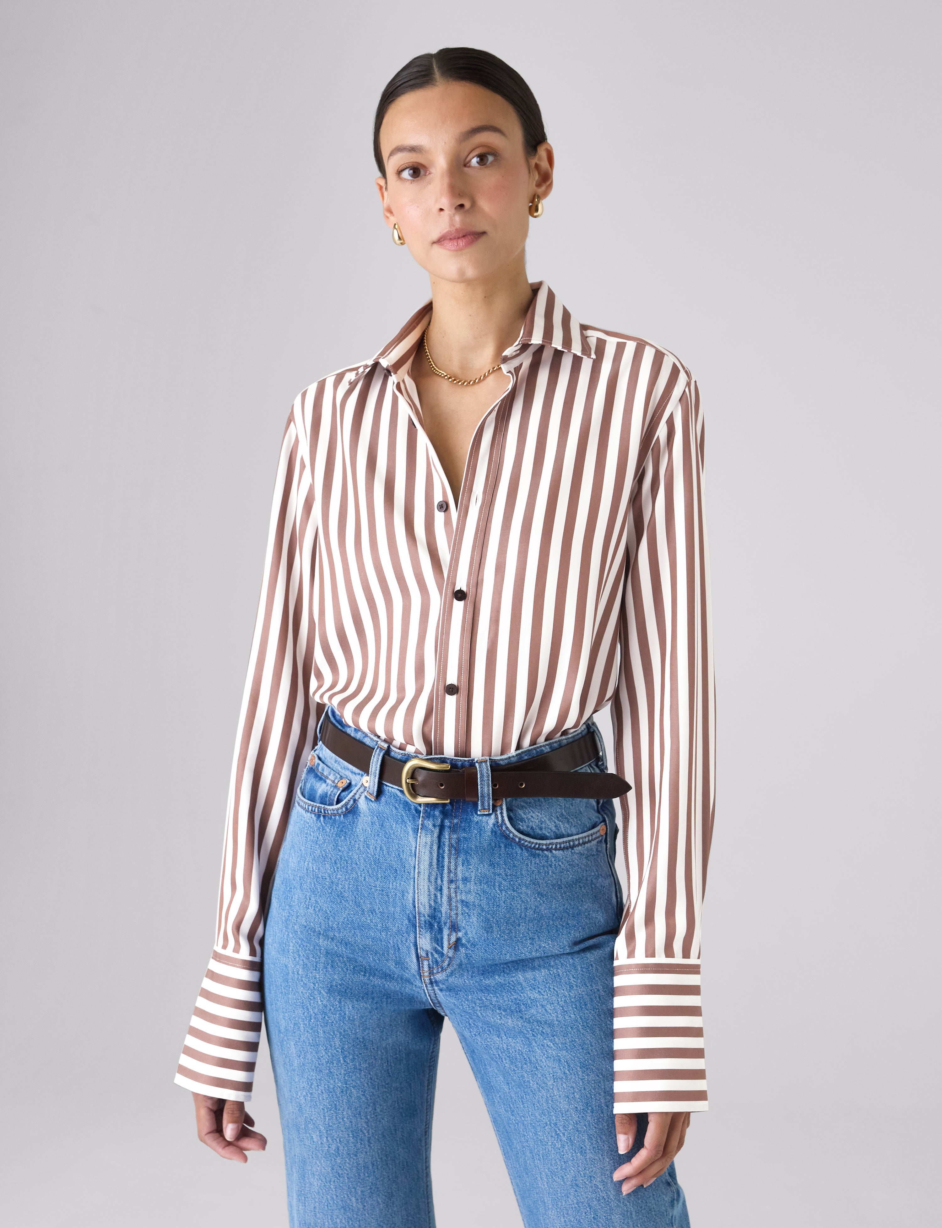 The Boyfriend Exaggerated Cuff: TENCEL™ Lyocell, Chocolate Stripe Main image