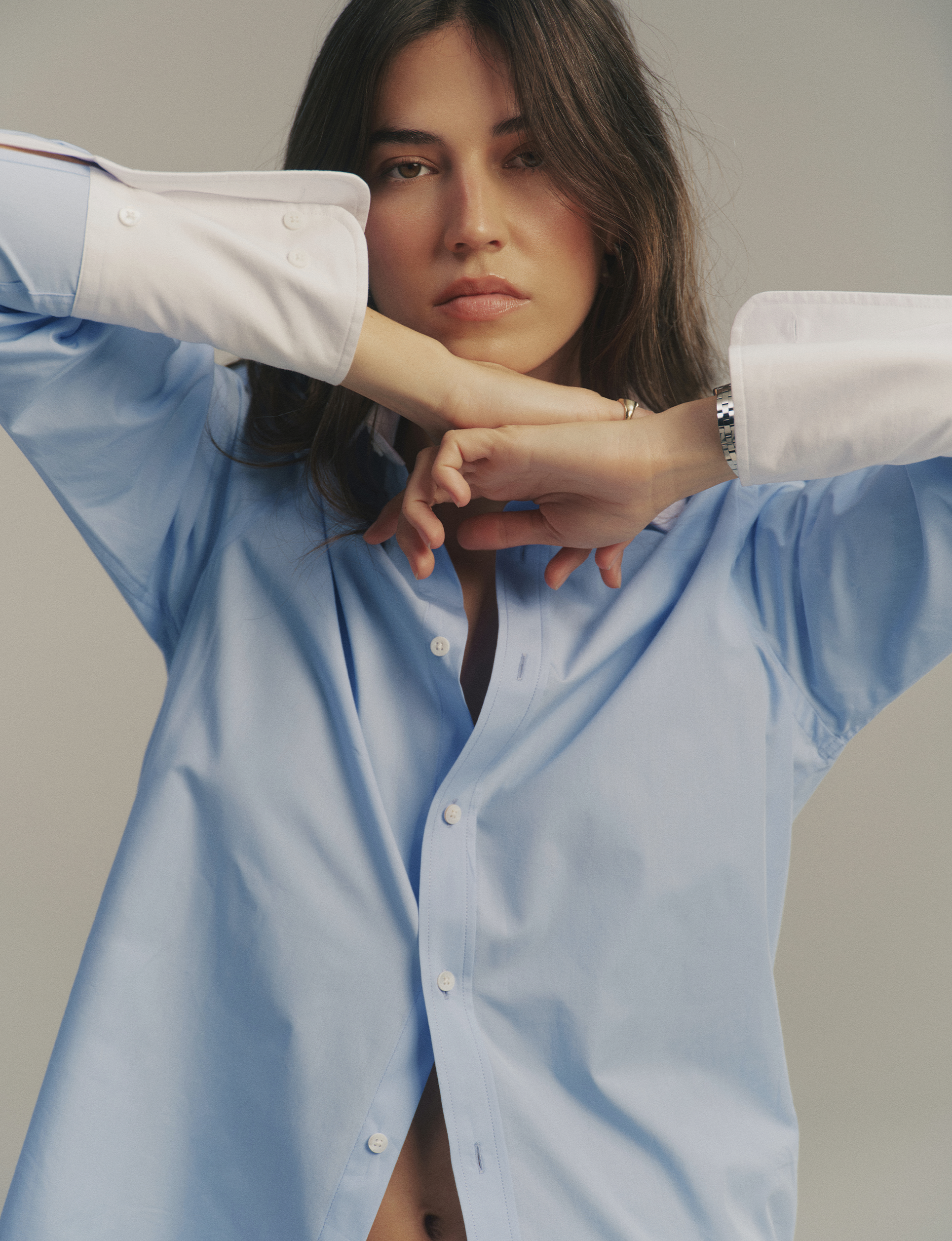The Boyfriend Contrast Exaggerated Cuff and Collar: Fine Poplin, Sky Blue Main image