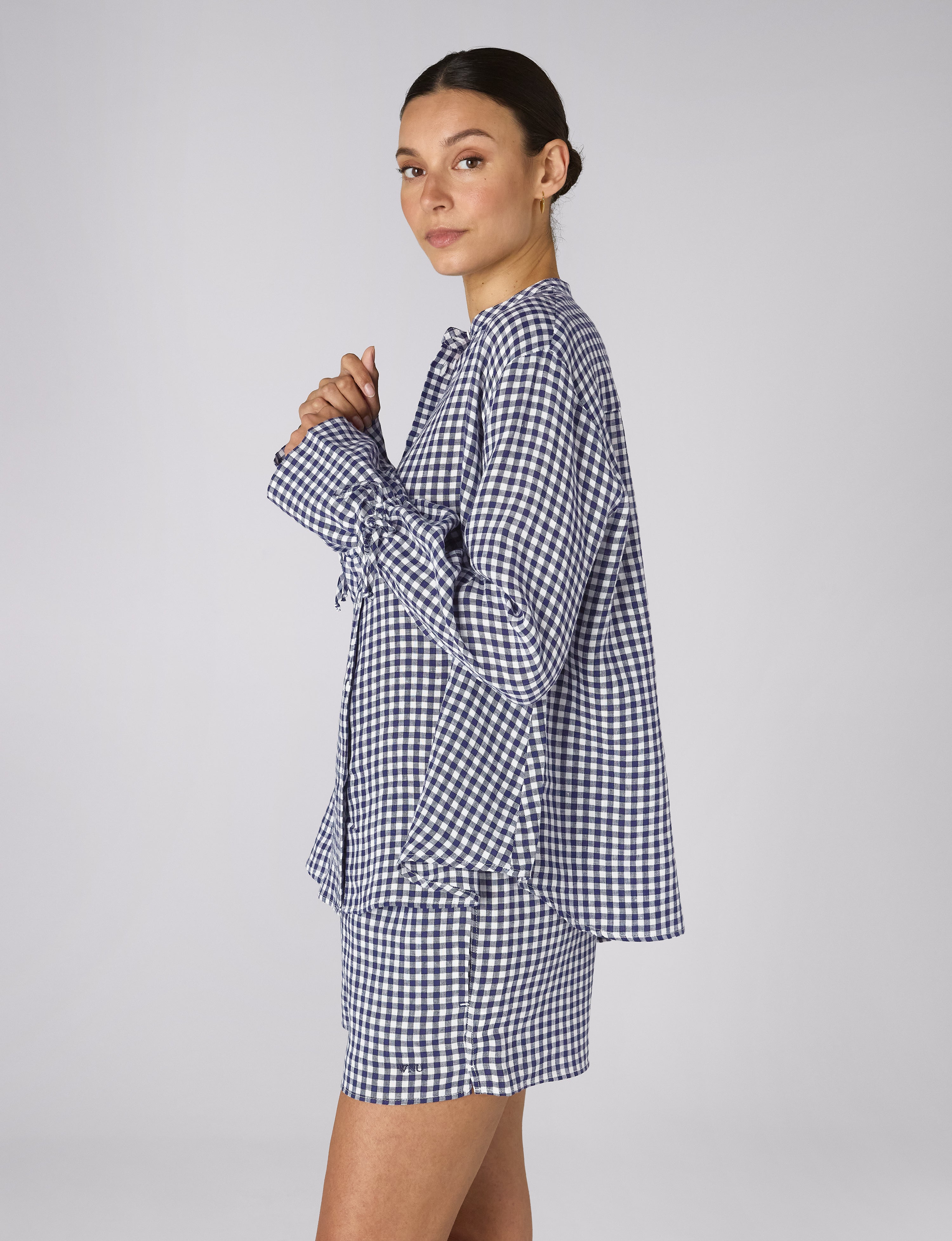 The Set: Linen Blouse & Court Short, Navy Blue Gingham Main image