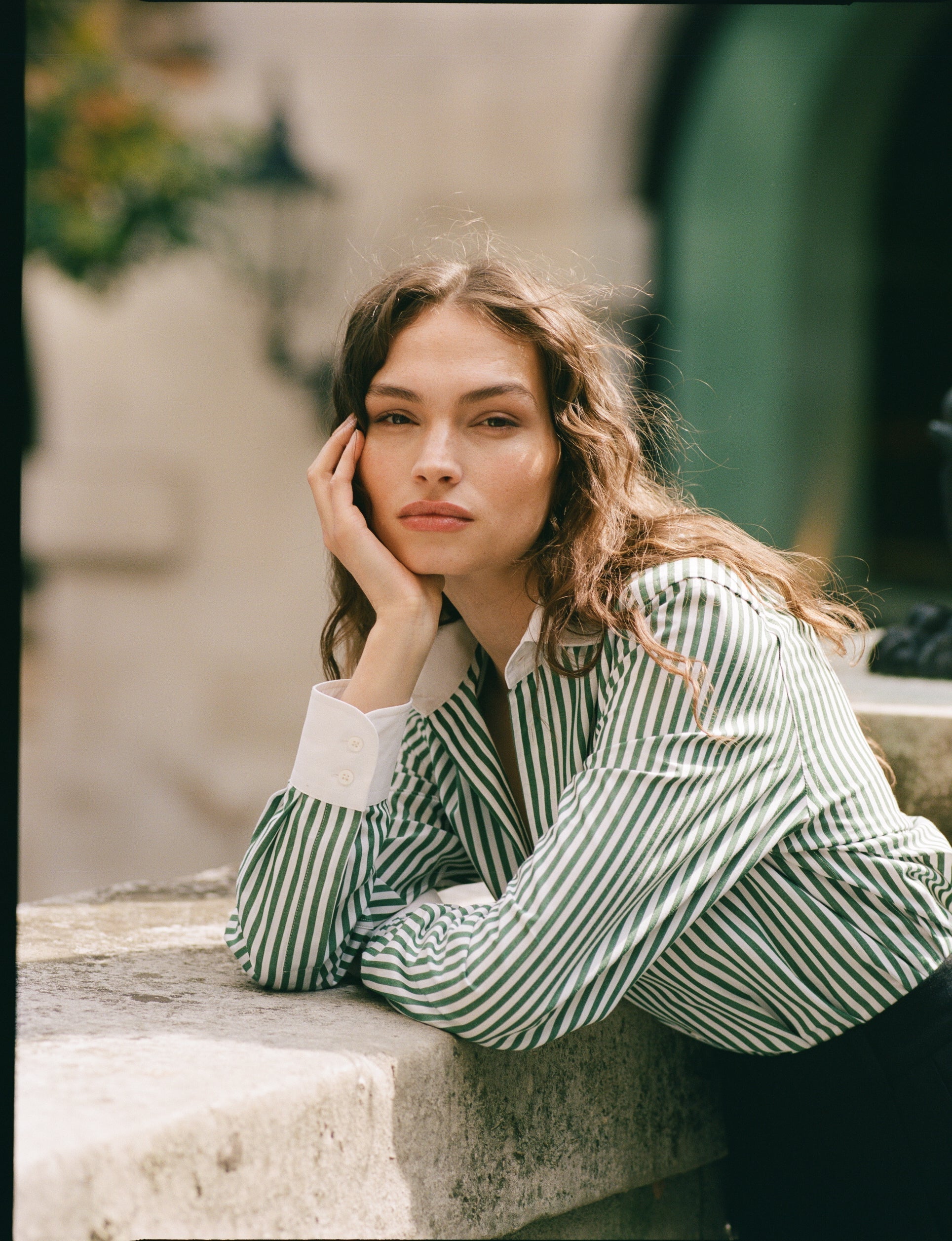The Boyfriend Contrast: Fine Poplin, Forest Green stripe Main image