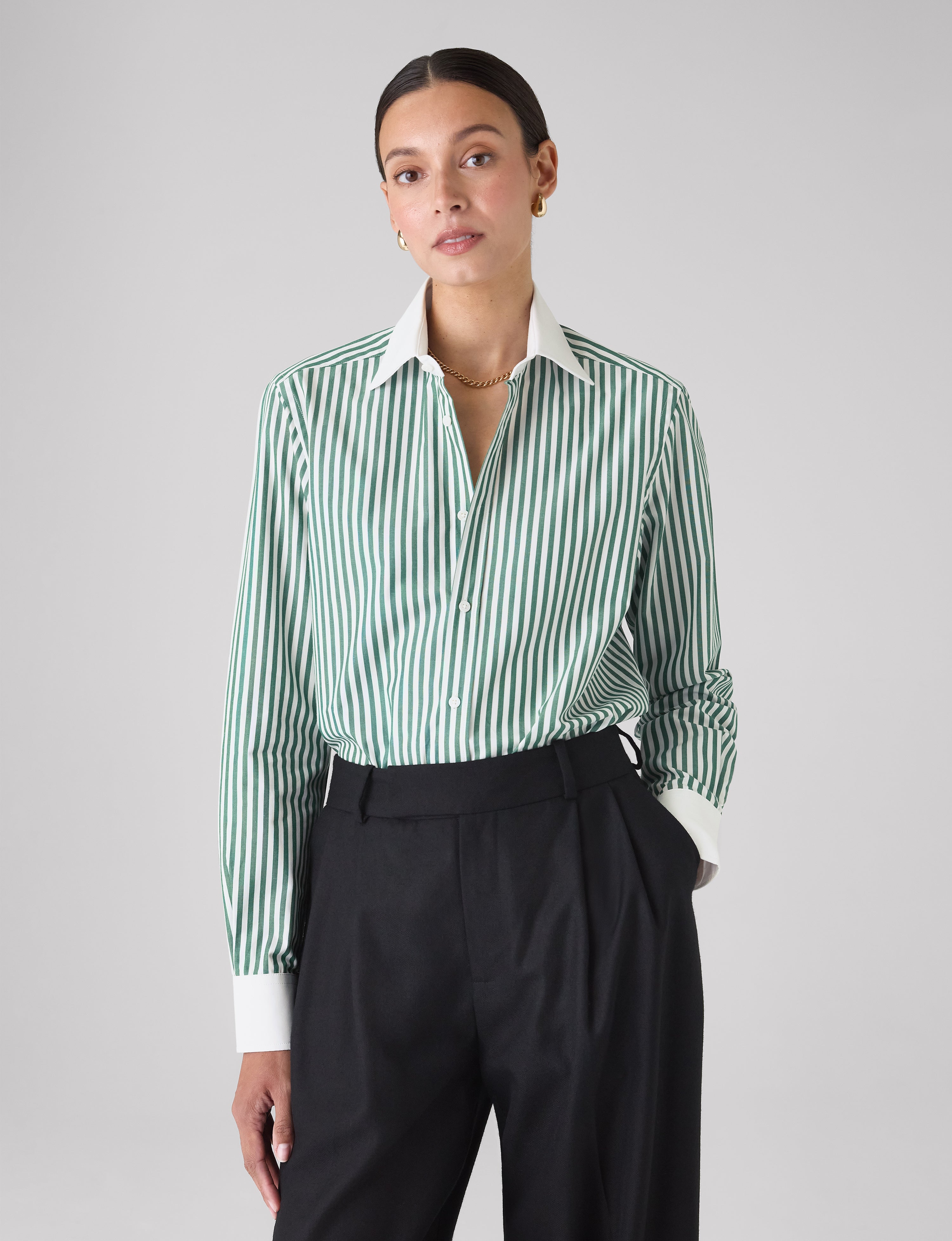 The Boyfriend Contrast: Fine Poplin, Forest Green stripe Secondary image