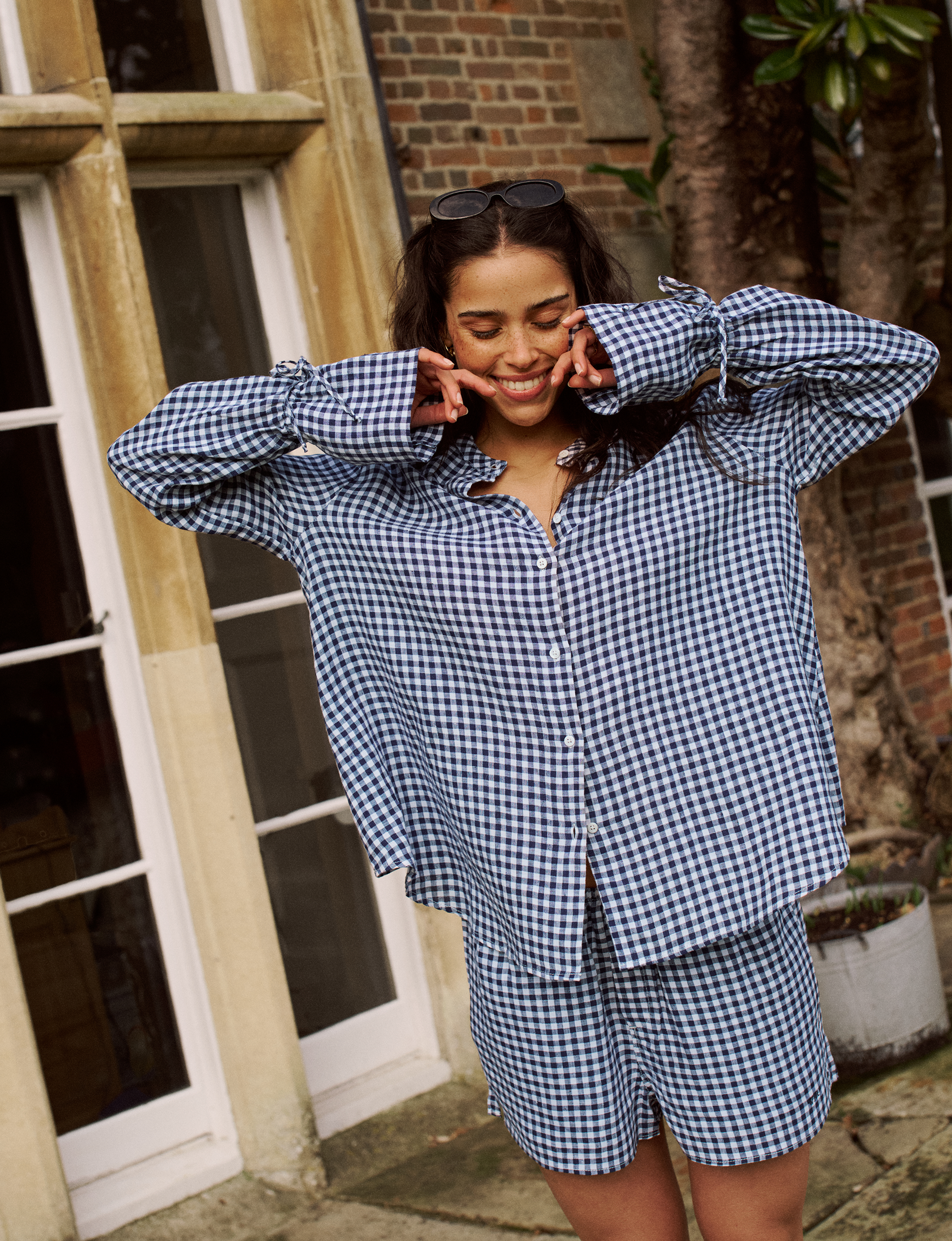 The Set: Linen Blouse & Court Short, Navy Blue Gingham