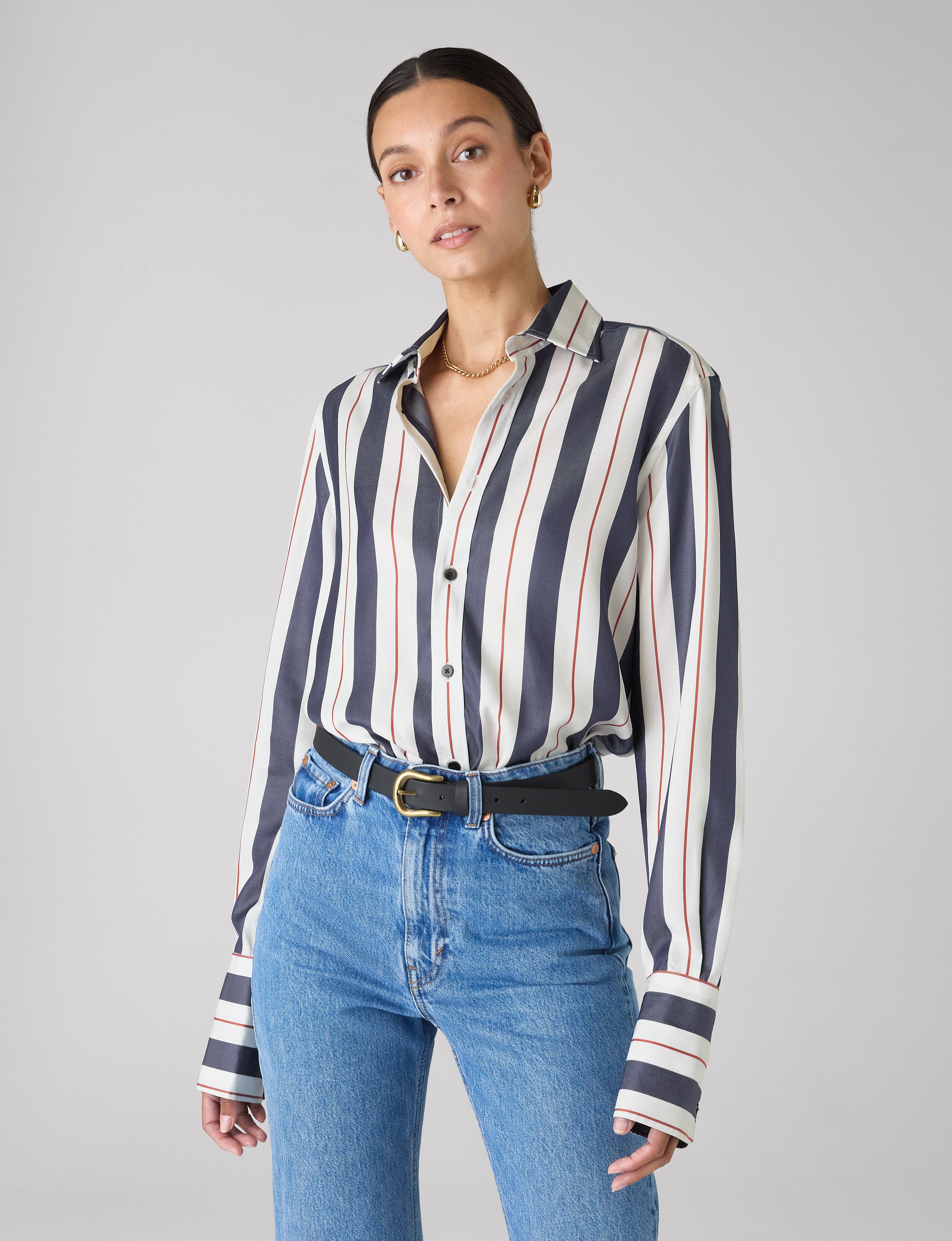 The Boyfriend Exaggerated Cuff: TENCEL™ Lyocell, Navy & Burgundy Wide Stripe Secondary image