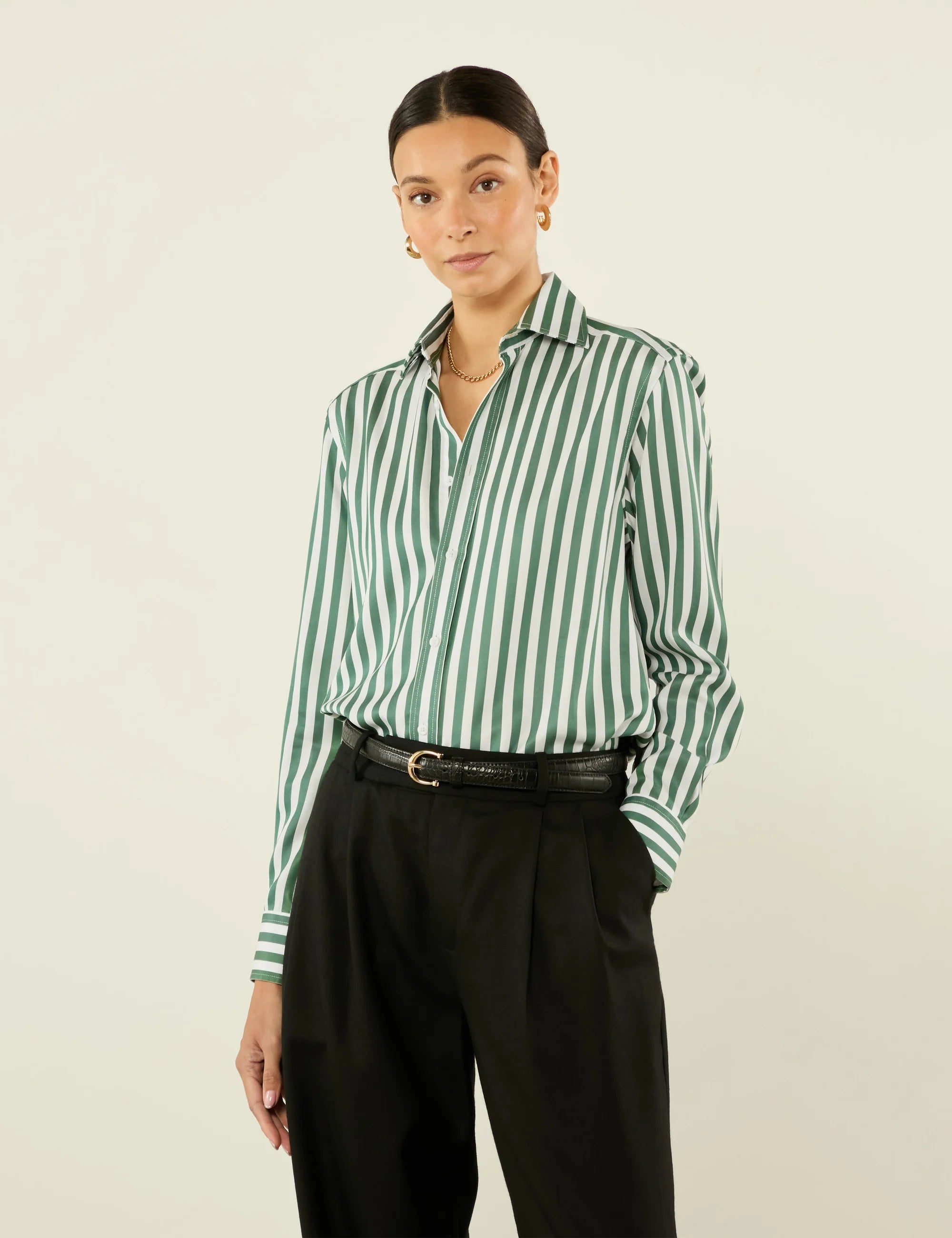 The Boyfriend: TENCEL™ Lyocell, Forest Green Stripe Secondary image