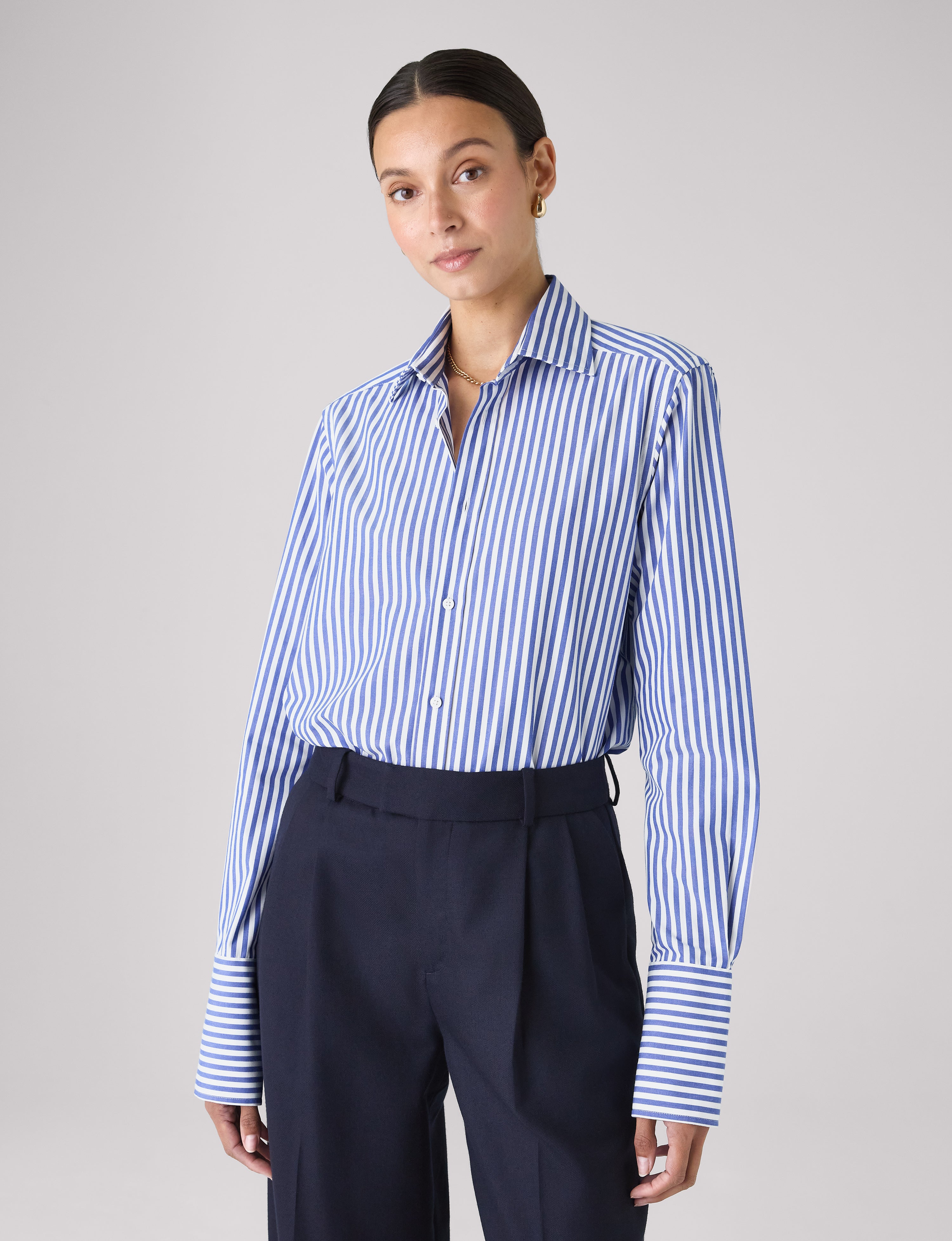 The Boyfriend Exaggerated Cuff: Fine Poplin, Royal Blue Stripe Secondary image