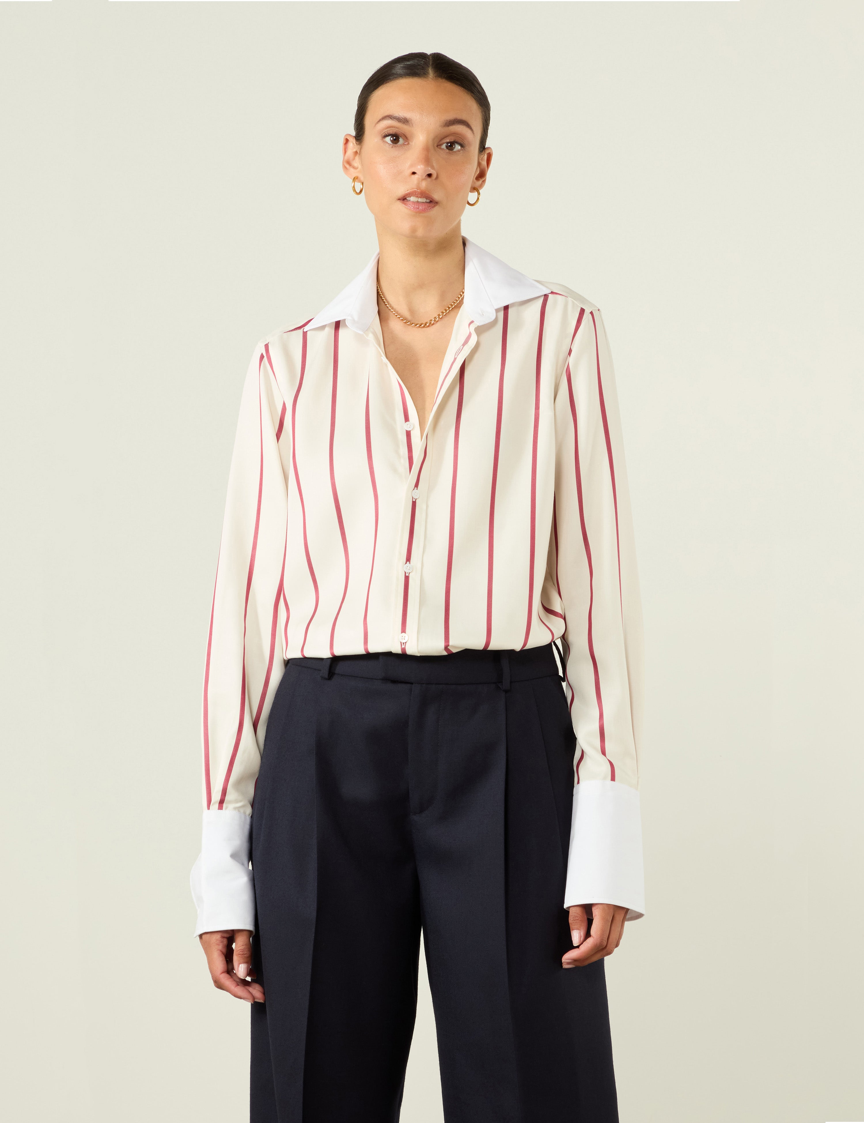 The Boyfriend Exaggerated Cuff: TENCEL™ Lyocell, Burgundy Stripe Secondary image