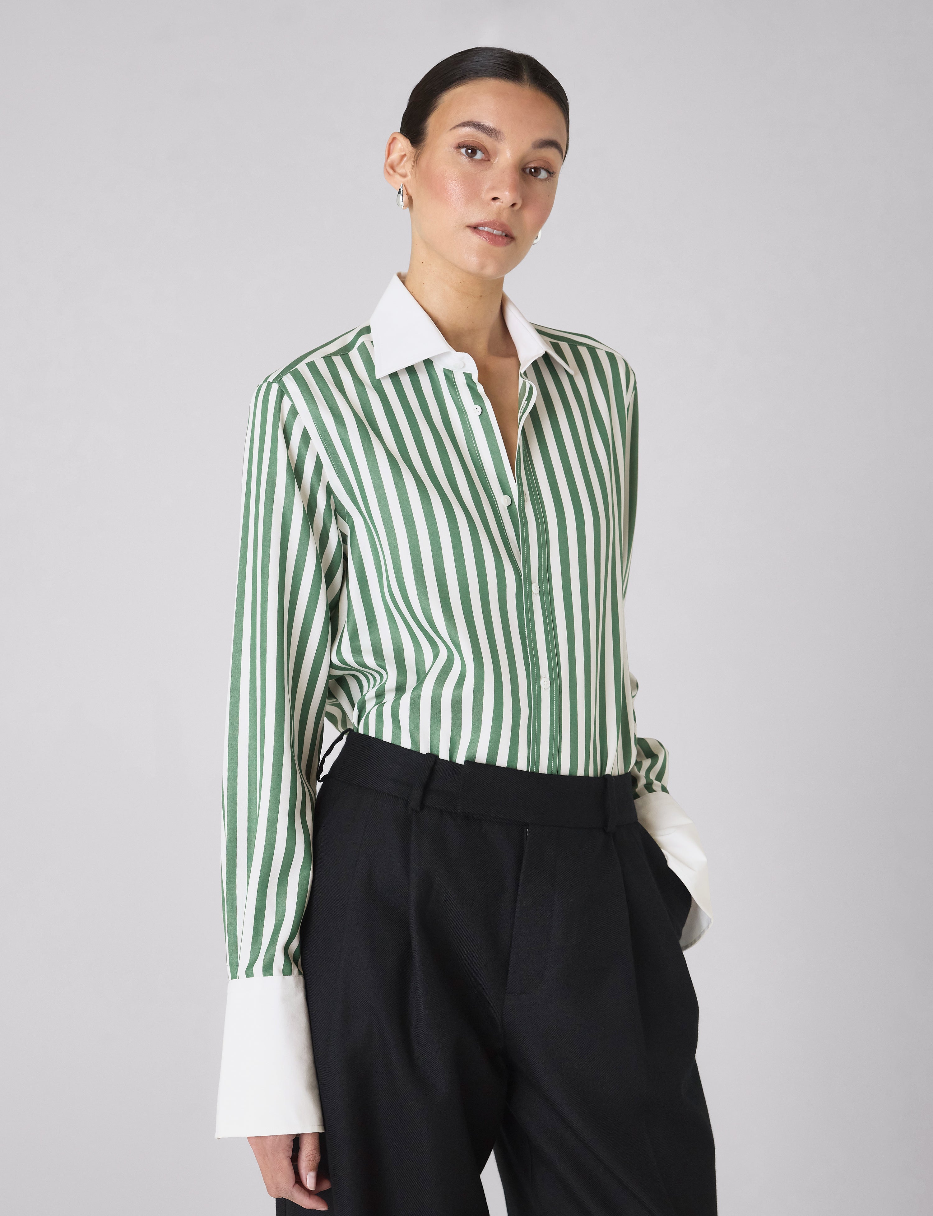 The Boyfriend Contrast Exaggerated Cuff: TENCEL™ Lyocell, Forest Green Stripe Secondary image