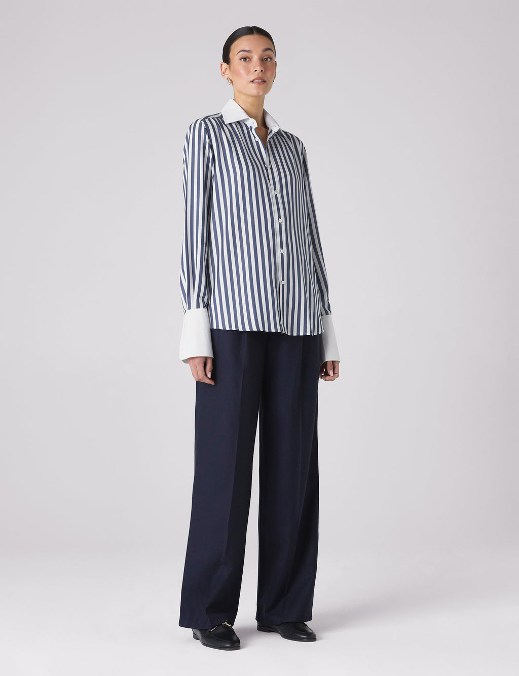 The Boyfriend Contrast Exaggerated Cuff: TENCEL™ Lyocell, Navy Blue Stripe