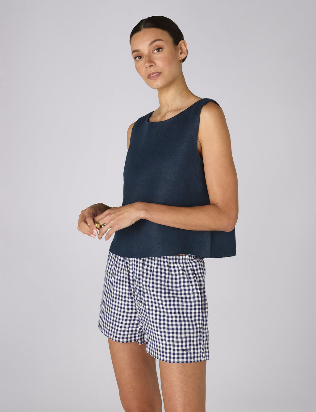 Court Short: Linen, Navy Blue Gingham