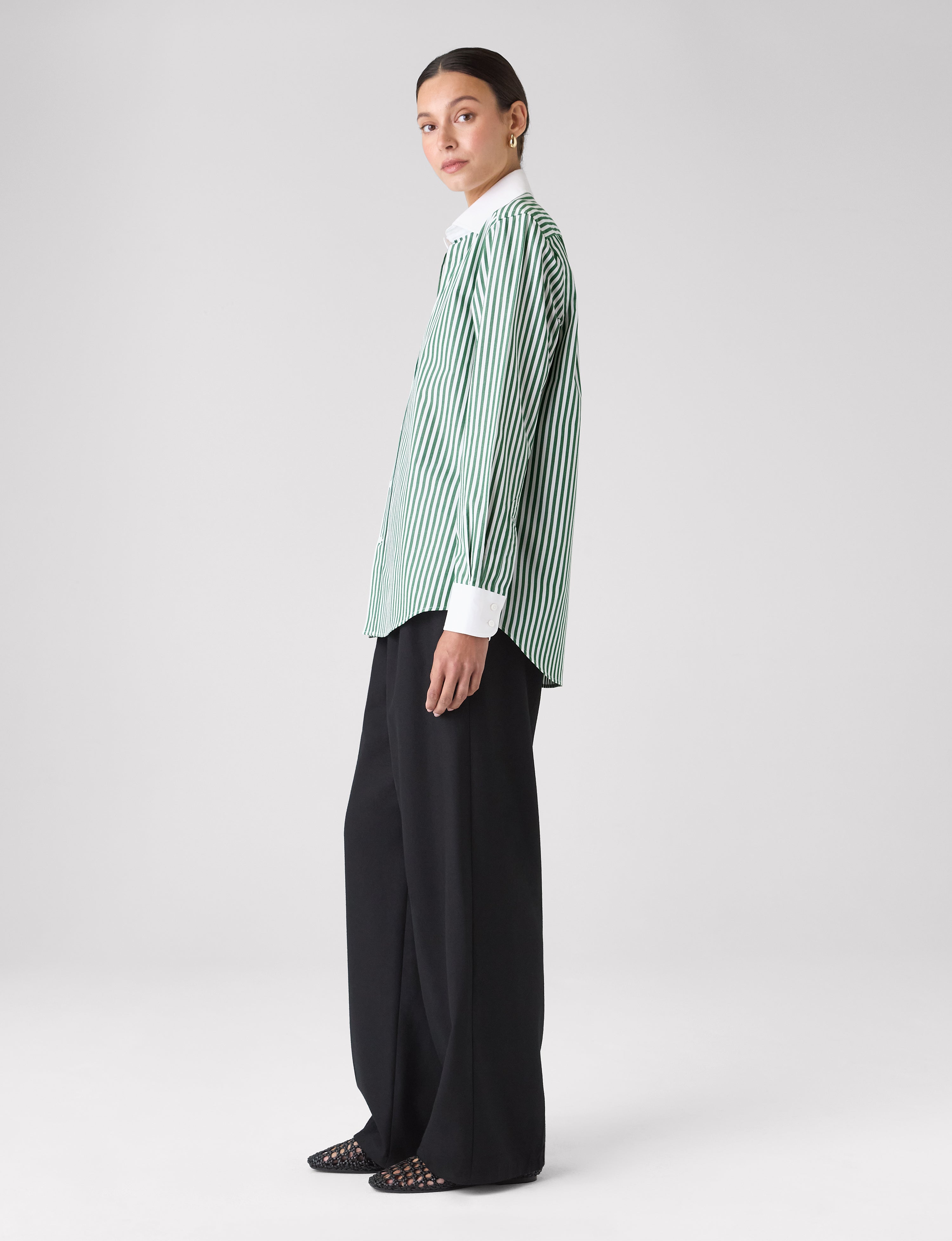 The Boyfriend Contrast: Fine Poplin, Forest Green stripe