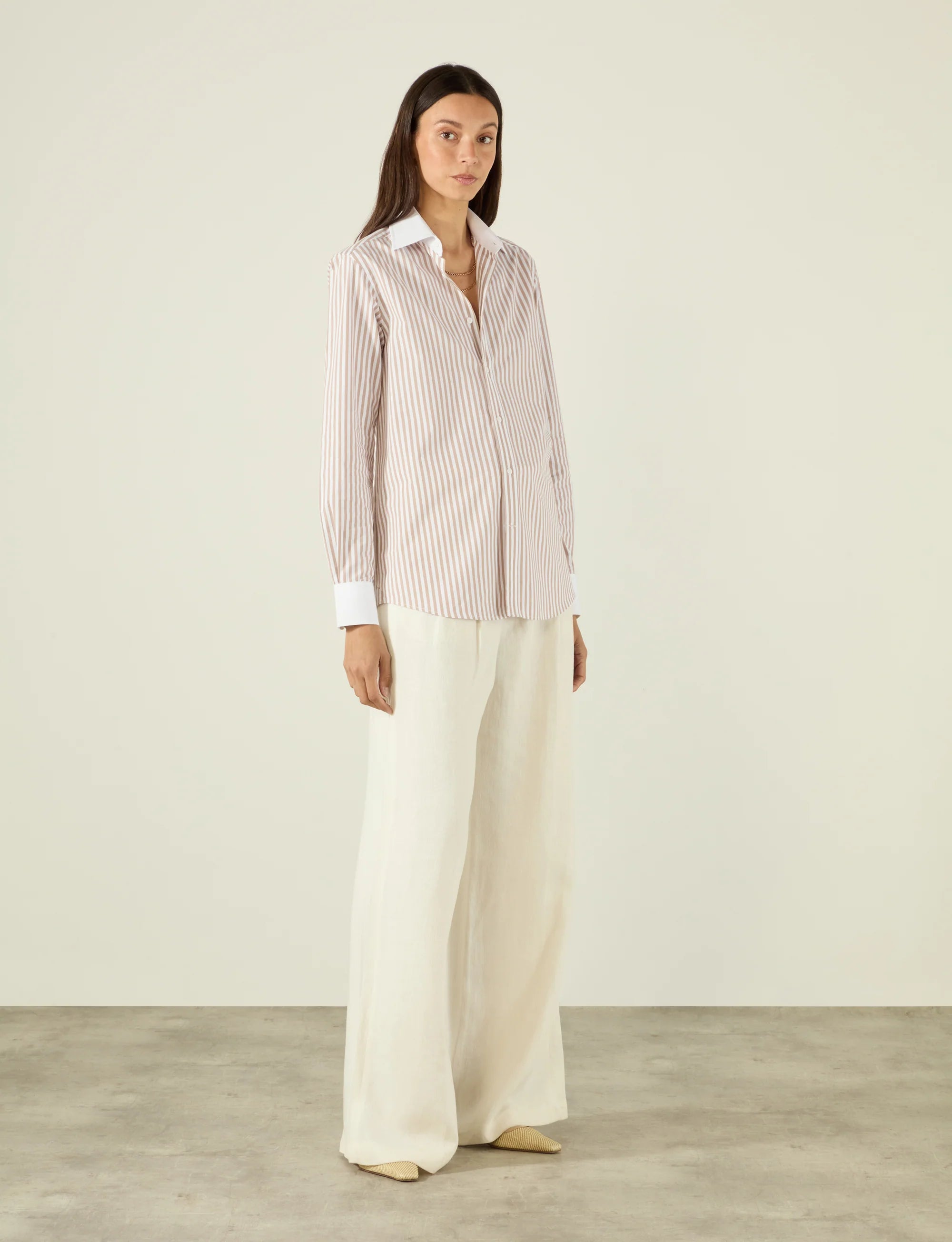 The Boyfriend Contrast: Fine Poplin, Latte Stripe