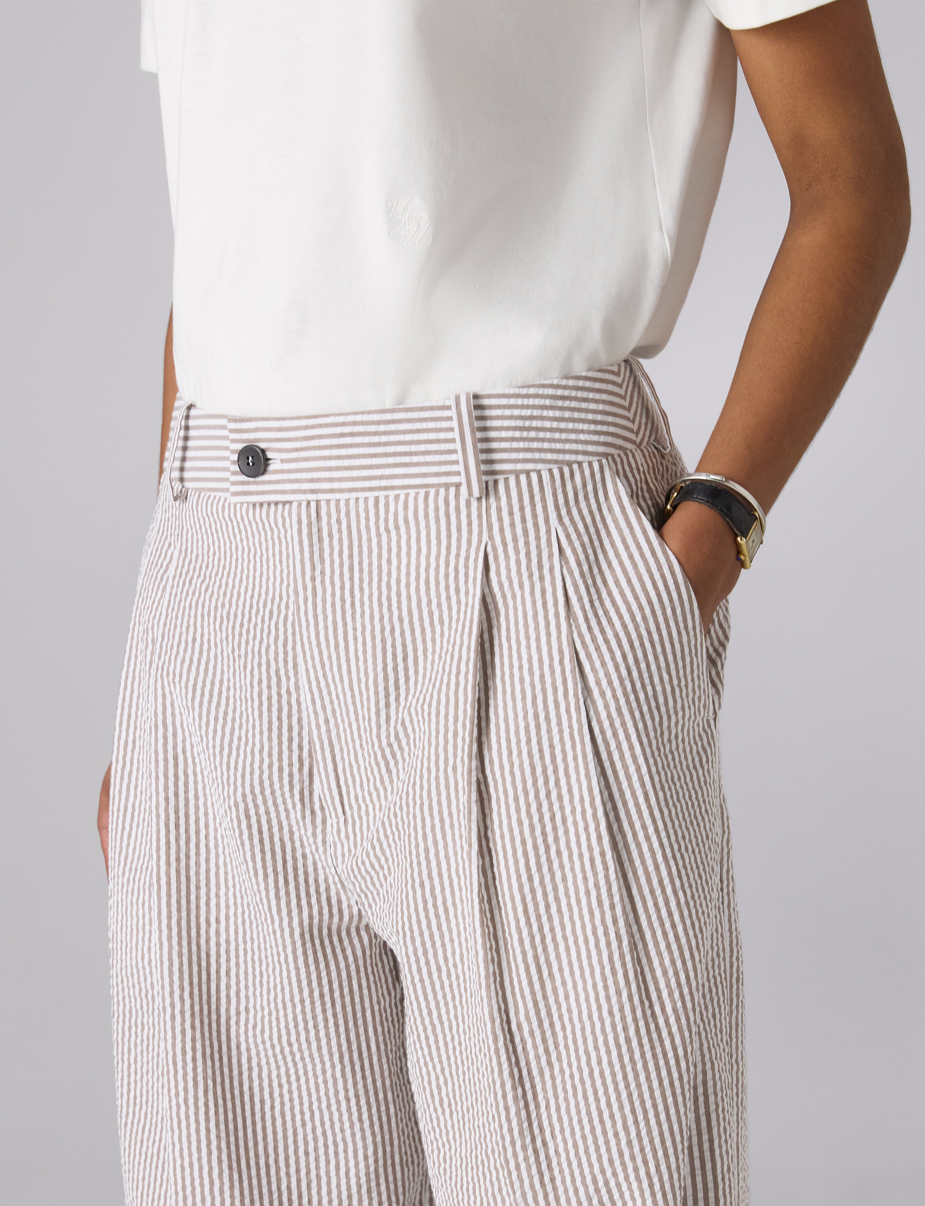 Rampling Trouser: Seersucker, Mocha Stripe